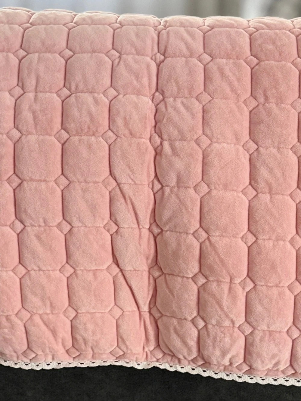 Pink Quilted Headboard Cover with Lace Trim – Soft Stretch Headboard Slipcover